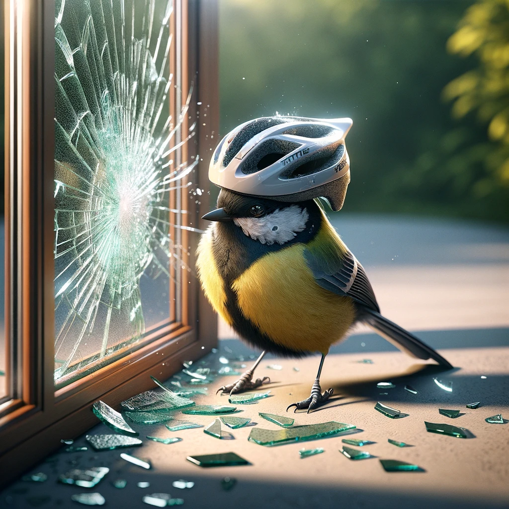 Vogel mit Fahrradhelm vor zerbrochener Scheibe